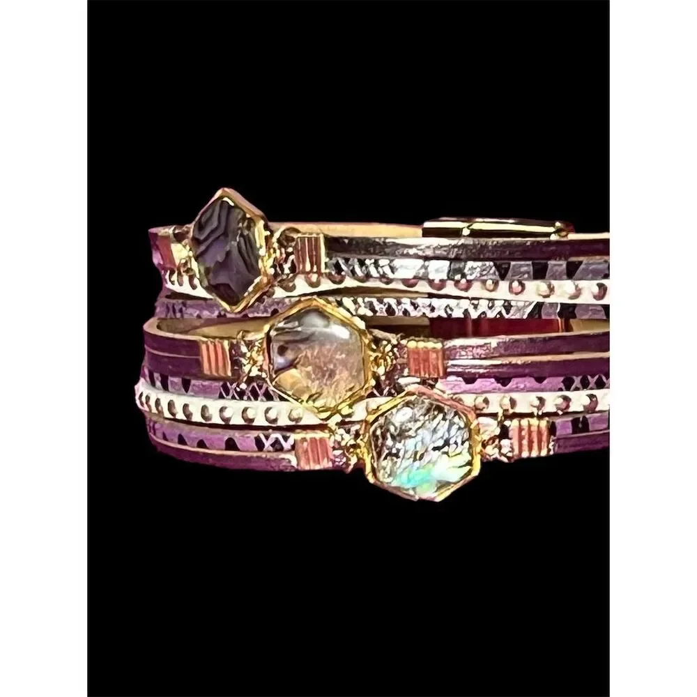 Boho Multi-Layer Leather Bracelet with Natural Stones & Gold Accents - Picture 6 of 13